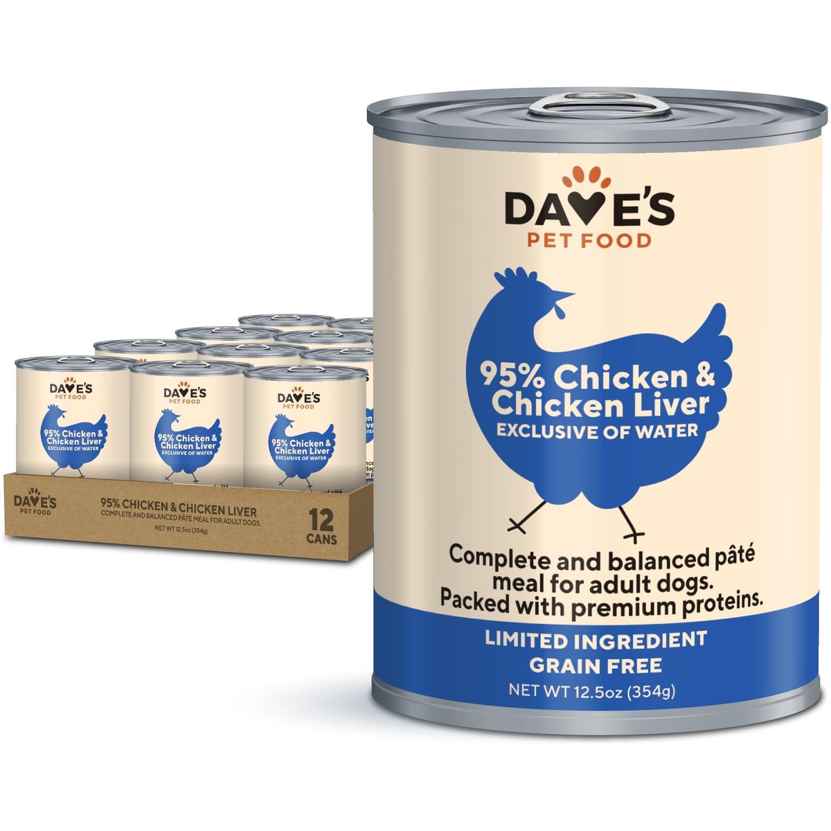 Dave's Pet Food 95% Premium Chicken & Chicken Liver Grain-Free Canned Wet Dog Food, 12.5-oz, case of 12