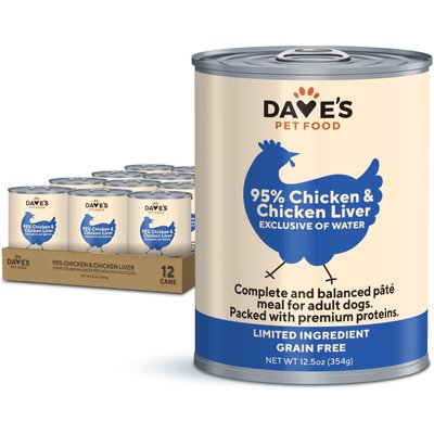 Dave's Pet Food Dave's Pet Food 95% Premium Chicken & Chicken Liver Grain-Free Canned Wet Dog Food, 12.5-oz, case of 12