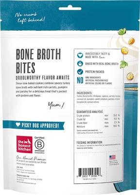Show full view: The Honest Kitchen Human Grade Bone Broth Bites Roasted with Turkey Bone Broth, Pumpkin & Parsley Dog Treats, 8-oz bag slide 3 of 12