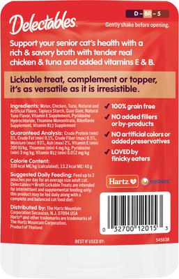 Show full view: Hartz Delectables Lickable Treat Savory Broths for Senior 10+ Chicken & Tuna Grain-Free Lickable Cat Treats, 1.4-oz pouch, pack of 12 slide 8 of 12