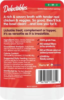 Show full view: Hartz Delectables Lickable Treat Savory Broths Chicken & Veggies Grain-Free Lickable Cat Treats, 1.4-oz pouch, pack of 12 slide 8 of 12