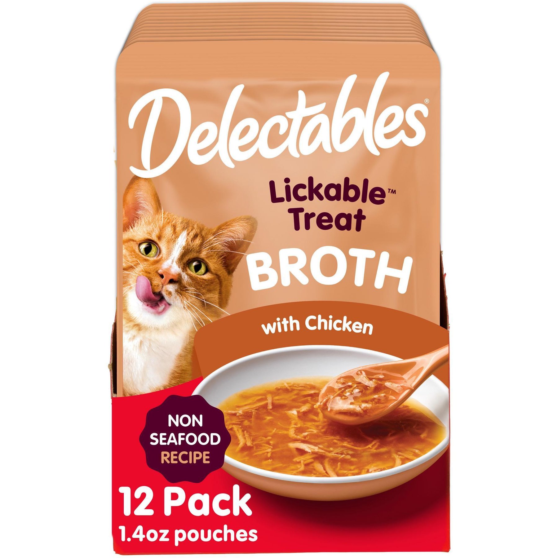 Delectables Lickable Treat Savory Broths Non-Seafood Recipe & Chicken Grain-Free Lickable Cat Treats, 1.4-oz pouch, pack of 12