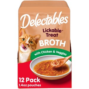 Hartz Delectables Lickable Treat Savory Broths Chicken & Veggies Grain-Free Lickable Cat Treats, 1.4-oz pouch, pack of 12