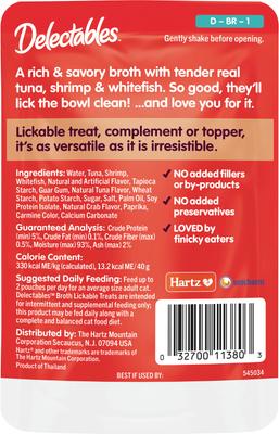 Show full view: Hartz Delectables Lickable Treat Savory Broths Tuna, Shrimp & Whitefish Lickable Cat Treats, 1.4-oz pouch, pack of 12 slide 8 of 12