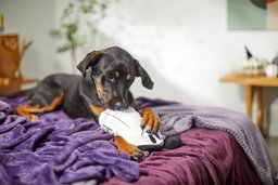 Doberman excited for puppy foods.