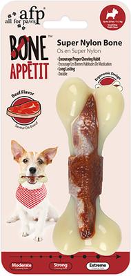 Show full view: allforpaws Super Nylon Beef Bone Appetit Flavor Infused Tough Dog Chew Toy, Red, Small: 4 x 1.7 x 1-in slide 8 of 9