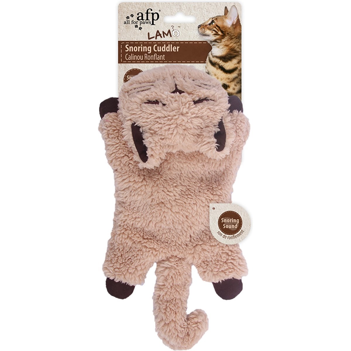 allforpaws Lambswool Snoring Cuddler Plush Cat Toy, Brown, 11.4 x 6.1 x 2.17-in
