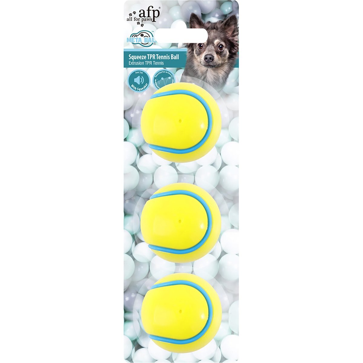 allforpaws Meta Squeeze TPR Squeaky Tennis Ball Dog Toy, Yellow, 2.37 x 2.37 x 2.37-in, 3 count