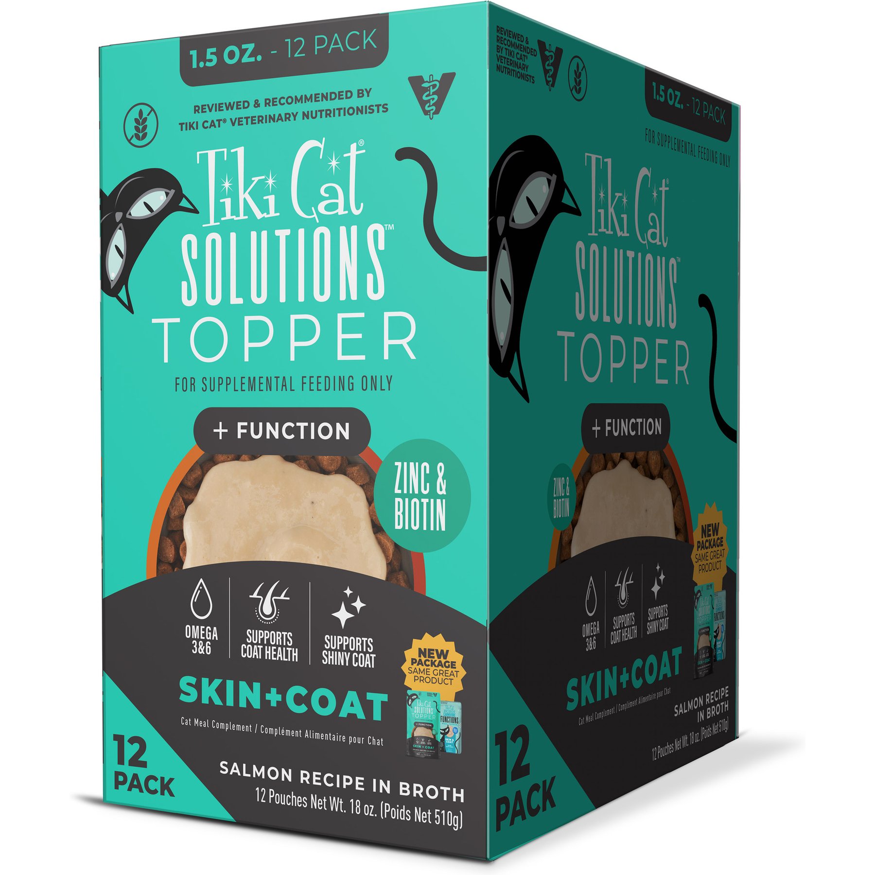 Tiki Cat Solutions Topper Skin Coat Salmon Recipe in Broth Wet Cat Food Topper, 1.5-oz pouch, case of 12