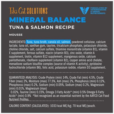 Show full view: Tiki Cat Solutions Mousse Mineral Balance Tuna & Salmon Recipe Grain-Free Wet Cat Food, 2.4-oz pouch, case of 12 slide 4 of 13