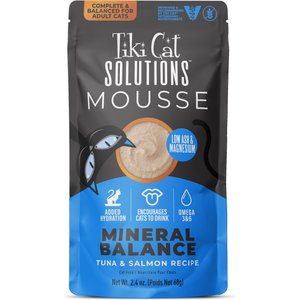 Tiki Cat Solutions Mousse Mineral Balance Tuna & Salmon Recipe Grain-Free Wet Cat Food, 2.4-oz pouch, case of 12