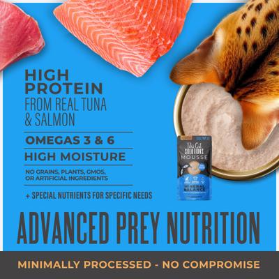 Show full view: Tiki Cat Solutions Mousse Mineral Balance Tuna & Salmon Recipe Grain-Free Wet Cat Food, 2.4-oz pouch, case of 12 slide 5 of 13