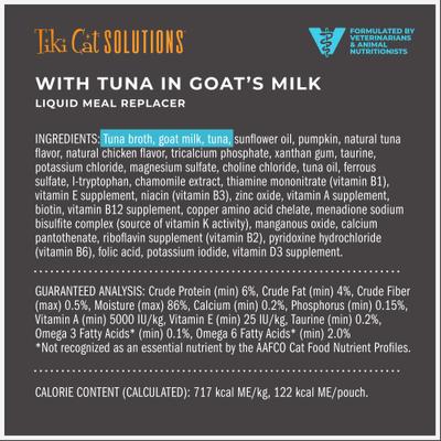 Show full view: Tiki Cat Solutions Liquid Meal Replacer Tuna in Goat's Milk Wet Cat Food, 6-oz spout pouch, case of 6 slide 4 of 13