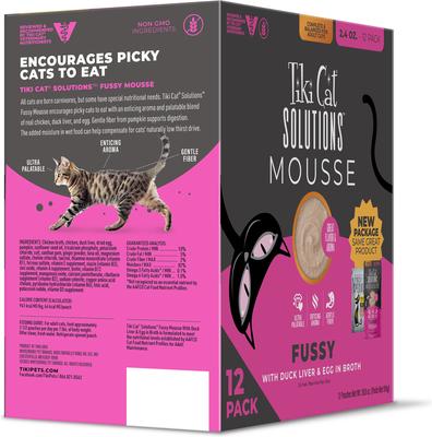 Show full view: Tiki Cat Solutions Mousse Fussy Duck Liver & Egg Grain-Free Pate Wet Cat Food, 2.4-oz pouch, case of 12 slide 3 of 13