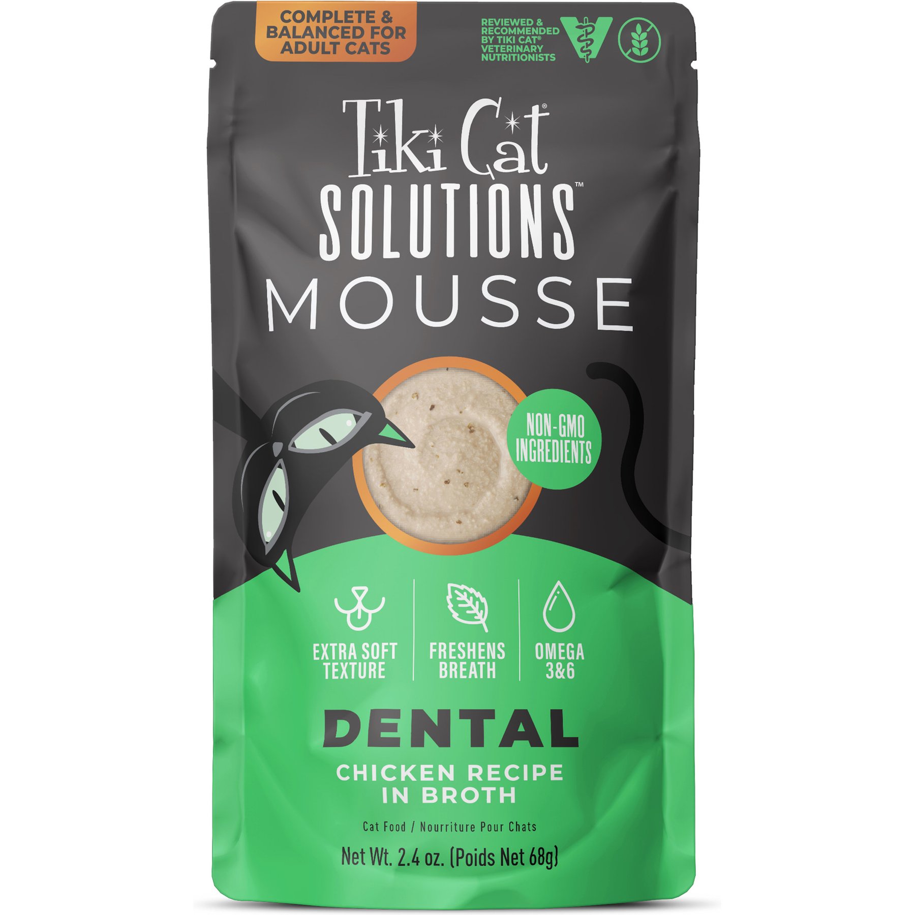 Tiki Cat Solutions Mousse Dental Chicken Recipe in Broth Grain-Free Wet Cat Food, 2.4-oz pouch, case of 12