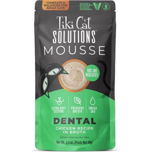 Tiki Cat Solutions Mousse Dental Chicken Recipe in Broth Grain-Free Wet Cat Food, 2.4-oz pouch, case of 12