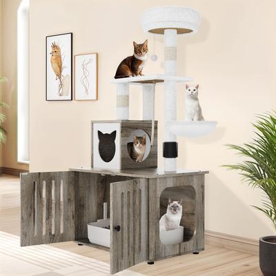 Show full view: Wooflex 2-in-1 Modern Tower Combo 53.5-in Flannel Cat Tree & Condo with Litter Box Enclosure, Gray slide 3 of 10