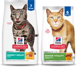 Hill's Science Diet 7+ Senior Vitality Chicken Recipe, 6-lb bag + Perfect Weight Chicken Recipe Dry Cat Food, 7-lb bag