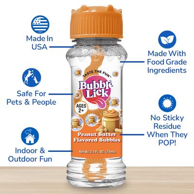 Show full view: Bubble Lick Peanut Butter Flavored Bubbles Dog Toy, 2.5-fl oz bottle slide 3 of 6