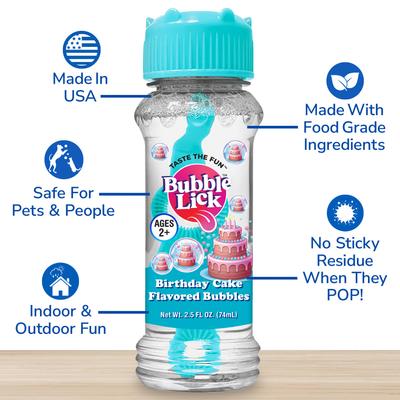 Show full view: Bubble Lick Birthday Cake Flavored Bubbles Dog Toy, 2.5-fl oz bottle slide 3 of 6