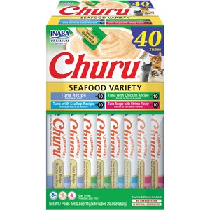 Inaba Churu Tuna & Seafood Variety Creamy Puree Grain-Free Lickable Cat Treats, 0.5-oz tube, 40 count