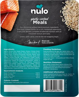 Show full view: Nulo Gently-Cooked Meals Salmon & Brown Rice Recipe Wet Dog Food, 9-oz pouch, case of 8 slide 3 of 12