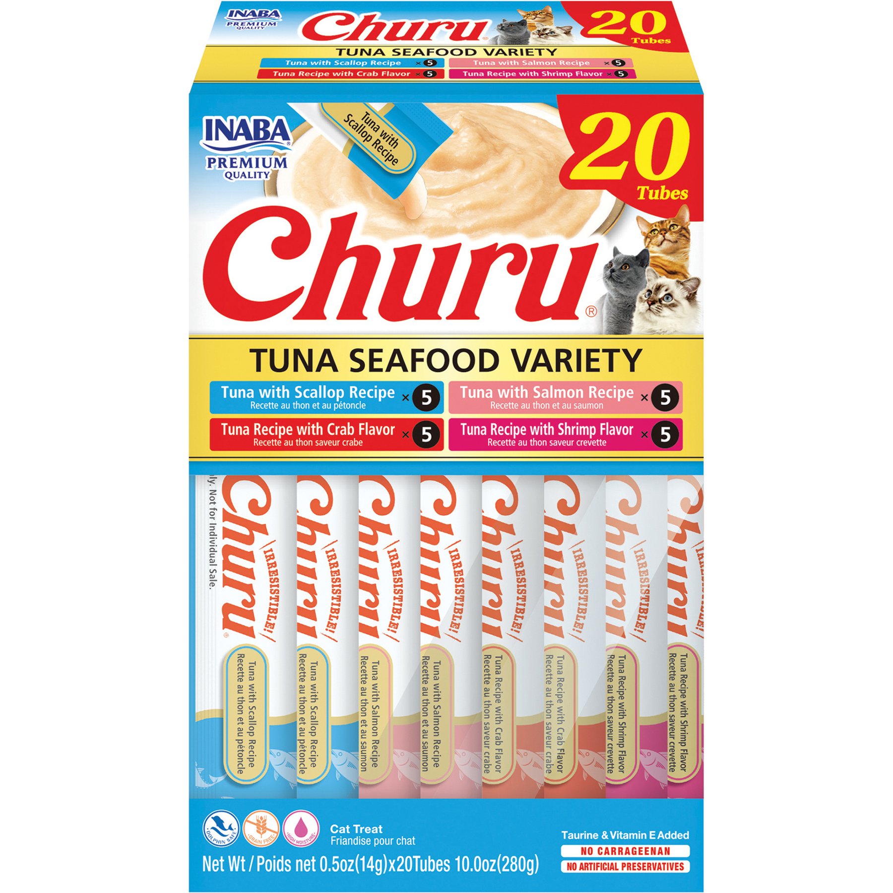 Inaba Churu Tuna & Seafood Variety Creamy Puree Grain-Free Lickable Cat Treats, 0.5-oz tube, 20 count