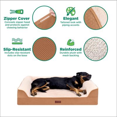 Show full view: FurHaven Plush & Embossed Velvet Dreamer Sofa Cooling Gel Dog Bed, Cognac, Jumbo slide 3 of 9