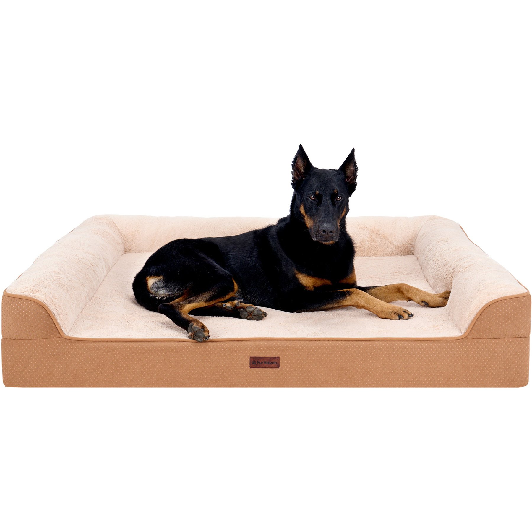 FurHaven Plush & Embossed Velvet Dreamer Sofa Cooling Gel Dog Bed, Cognac, Jumbo Plus