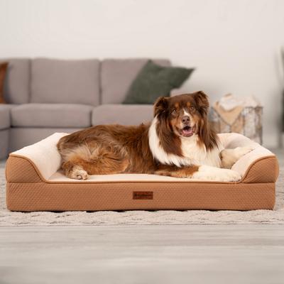 Show full view: FurHaven Plush & Embossed Velvet Dreamer Sofa Cooling Gel Dog Bed, Cognac, Jumbo slide 2 of 9