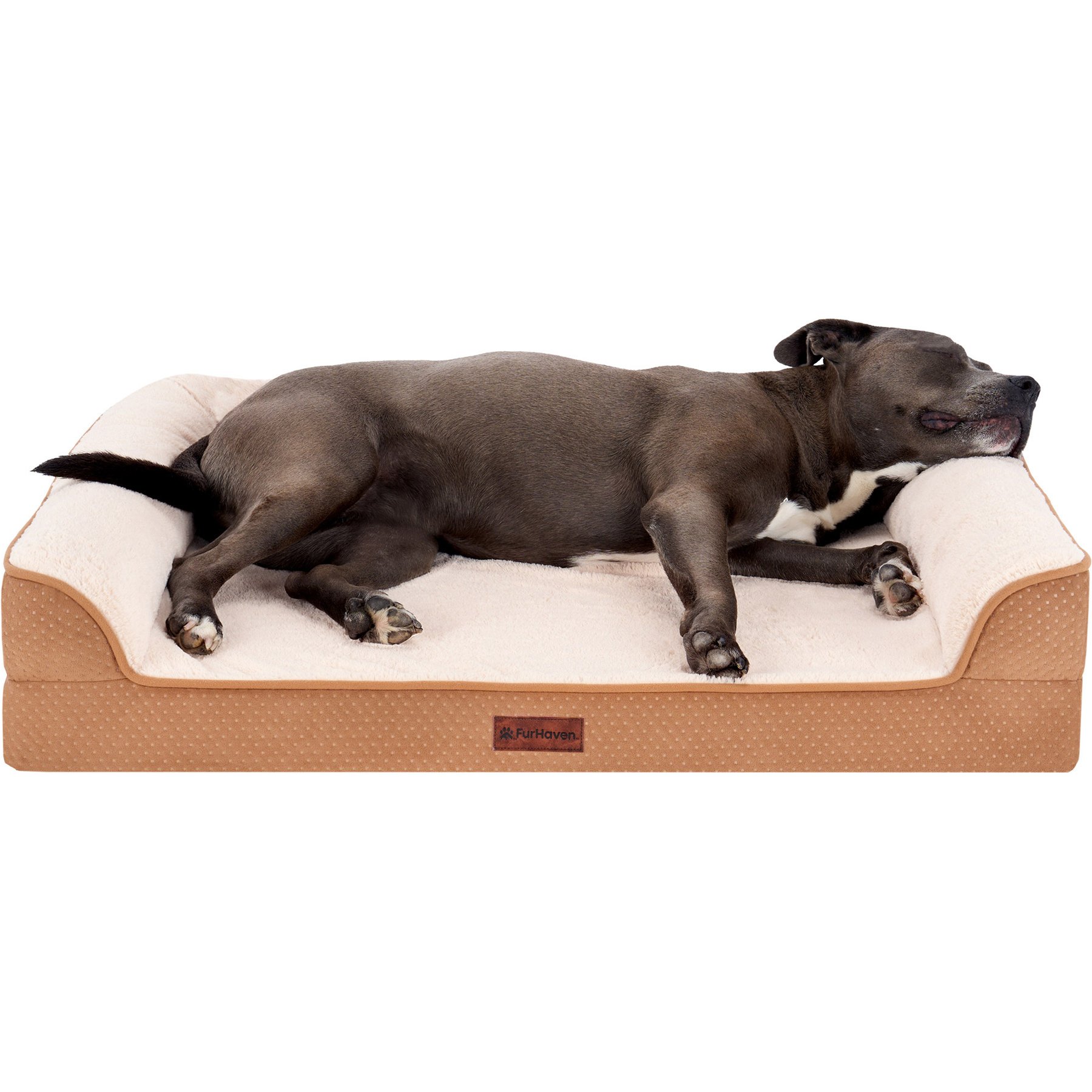 FurHaven Plush & Embossed Velvet Dreamer Sofa Cooling Gel Dog Bed, Cognac, Large