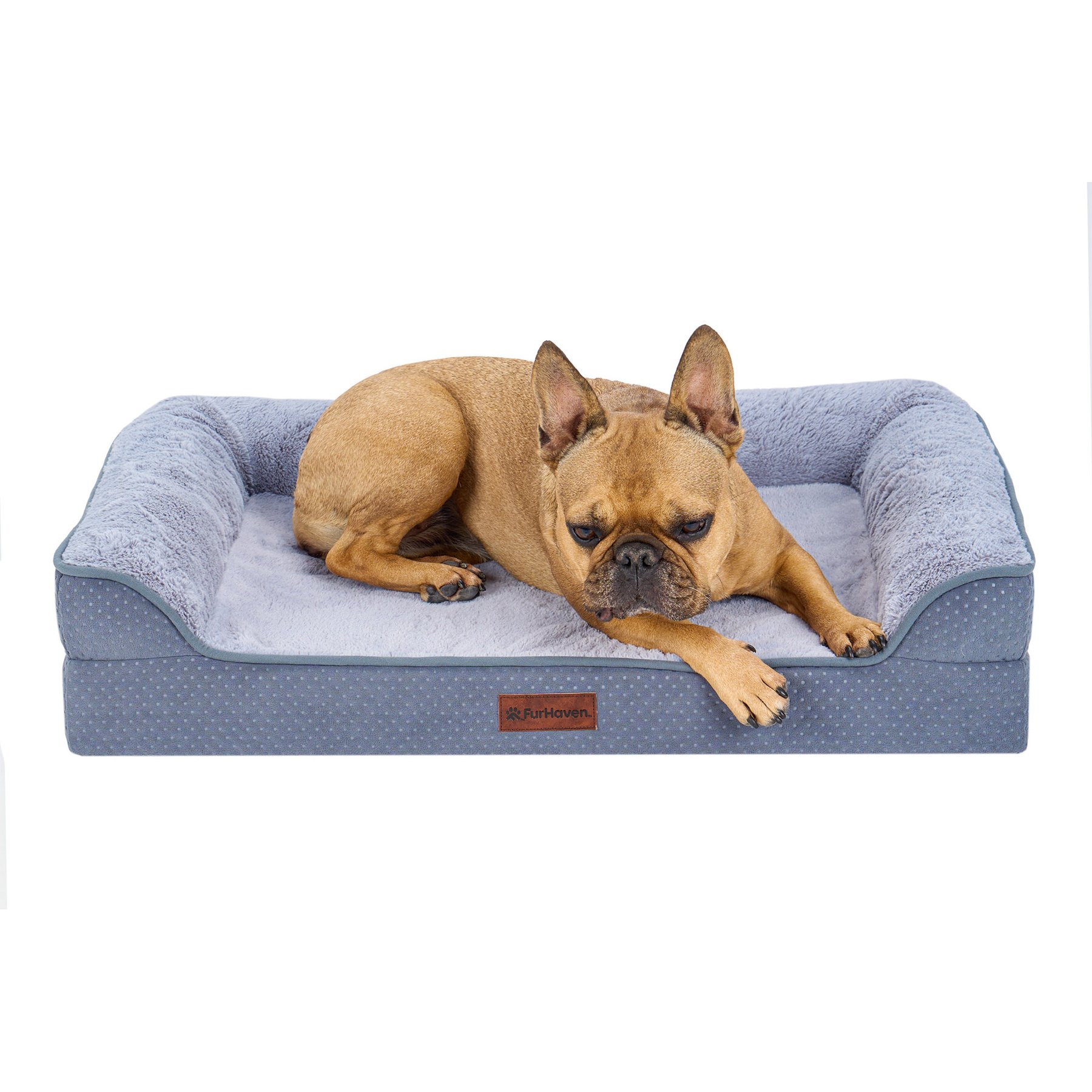 FurHaven Plush & Embossed Velvet Dreamer Sofa Orthopedic Foam Dog Bed, Steel Blue, Medium
