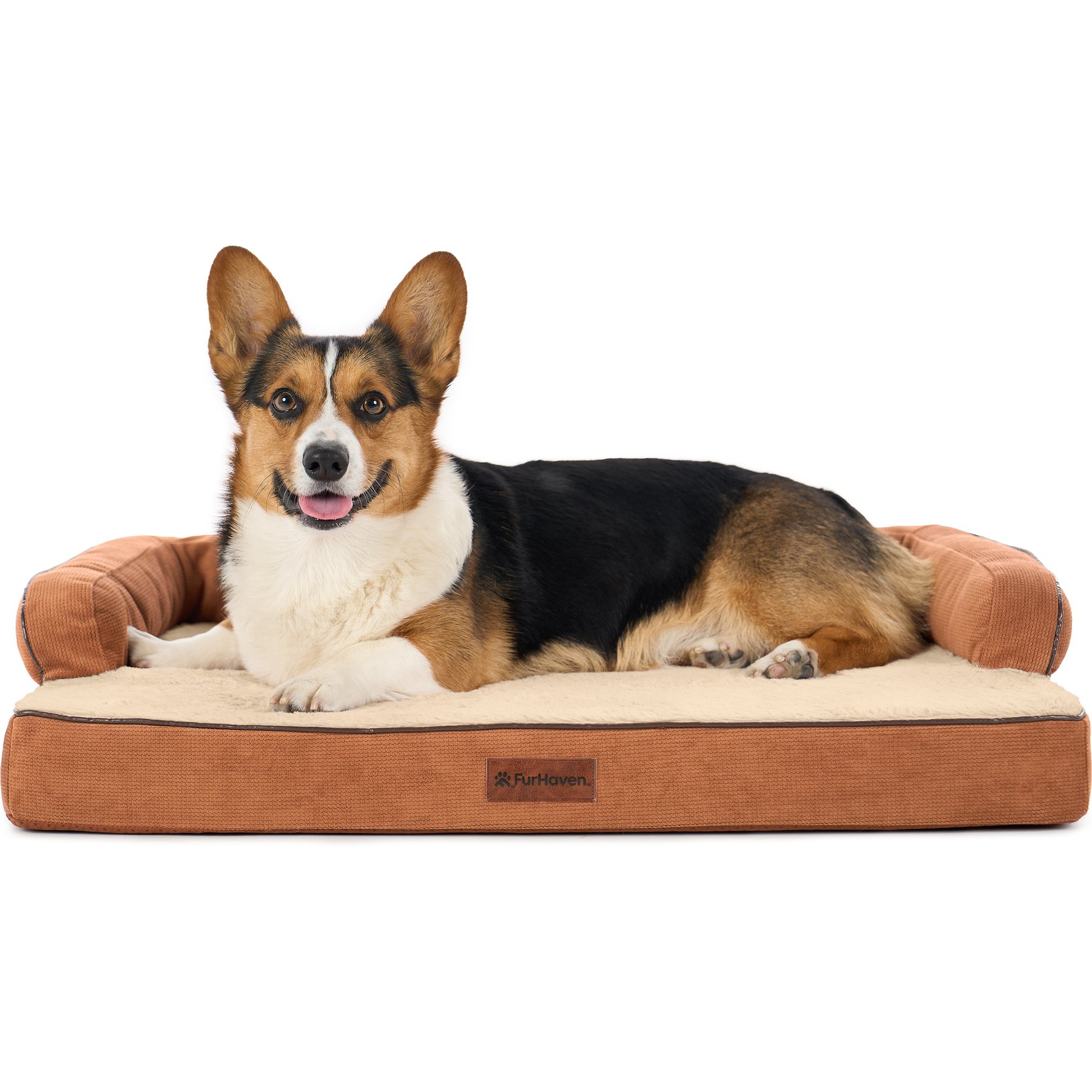 FurHaven Plush & Cable Corduroy Comfy Couch Cooling Gel Dog Bed, Rust, Medium