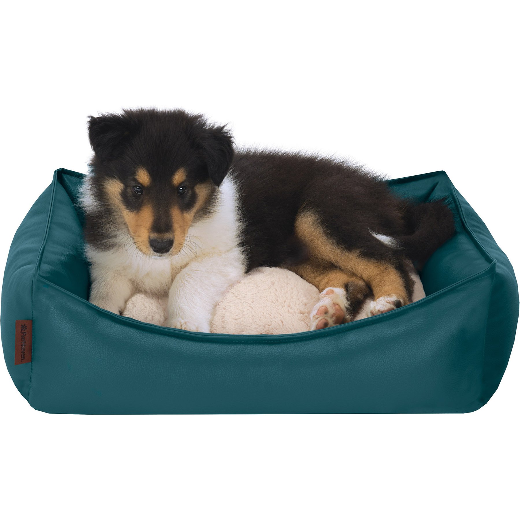 FurHaven Leather Look Cozy Couch Dog Bed, Teal, Small
