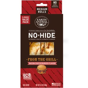 Earth Animal No-Hide From the Grill Long Lasting Natural Rawhide Alternative Medium Grilled Cheeseburger Flavor Rolls Chew Dog Treats, 3 count