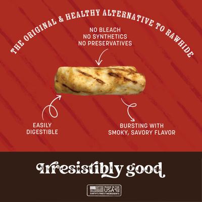 Show full view: Earth Animal No-Hide From the Grill Long Lasting Natural Rawhide Alternative Small Grilled Cheeseburger Flavor Rolls Chew Dog Treats, 6 count slide 4 of 10