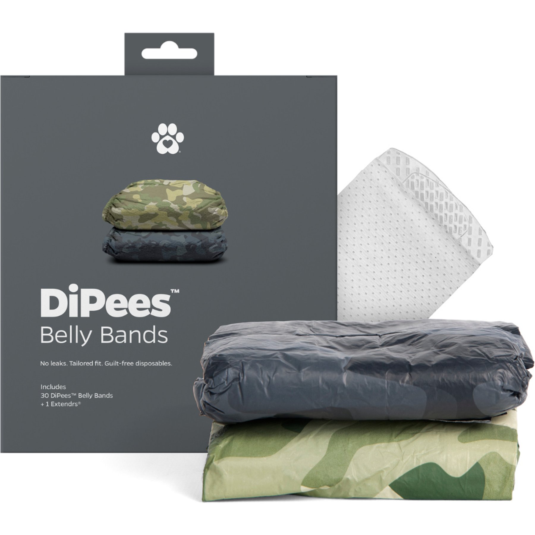 Pet Parents DiPees Belly Bands Disposable Male Dog Wrap & Extendrs, Camo, Small, 30 count
