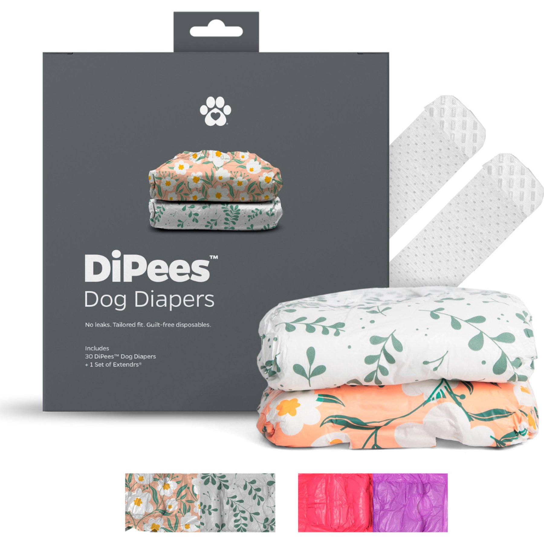 Pet Parents DiPees Disposable Male & Female Dog Diapers & Extendrs, Daisy, Small, 30 count