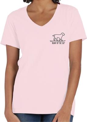 Show full view: BUDDY BY THE SEA Pink Hibiscus Ladies V-Neck Tee Shirt, Cotton Candy, Small slide 2 of 2