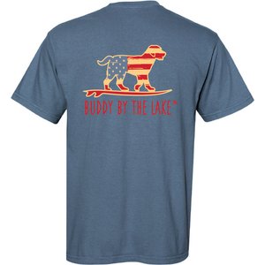 BUDDY BY THE LAKE Vintage Flag Dog Adult Unisex Short Sleeve Tee Shirt, Saltwater, X-Large