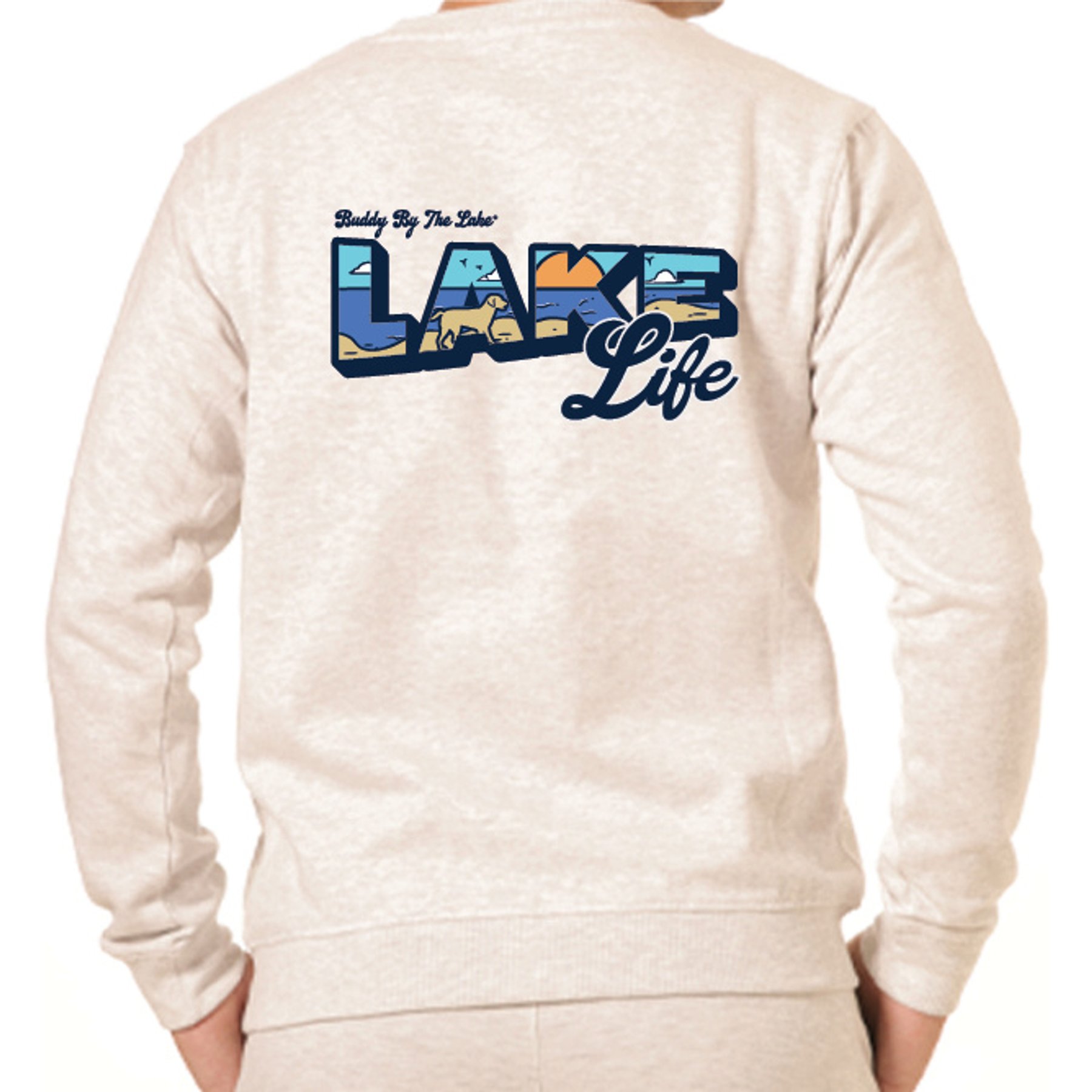 BUDDY BY THE LAKE Greetings from the Lake Fleece Unisex Crewneck Sweatshirt, Heather Ash, XX-Large
