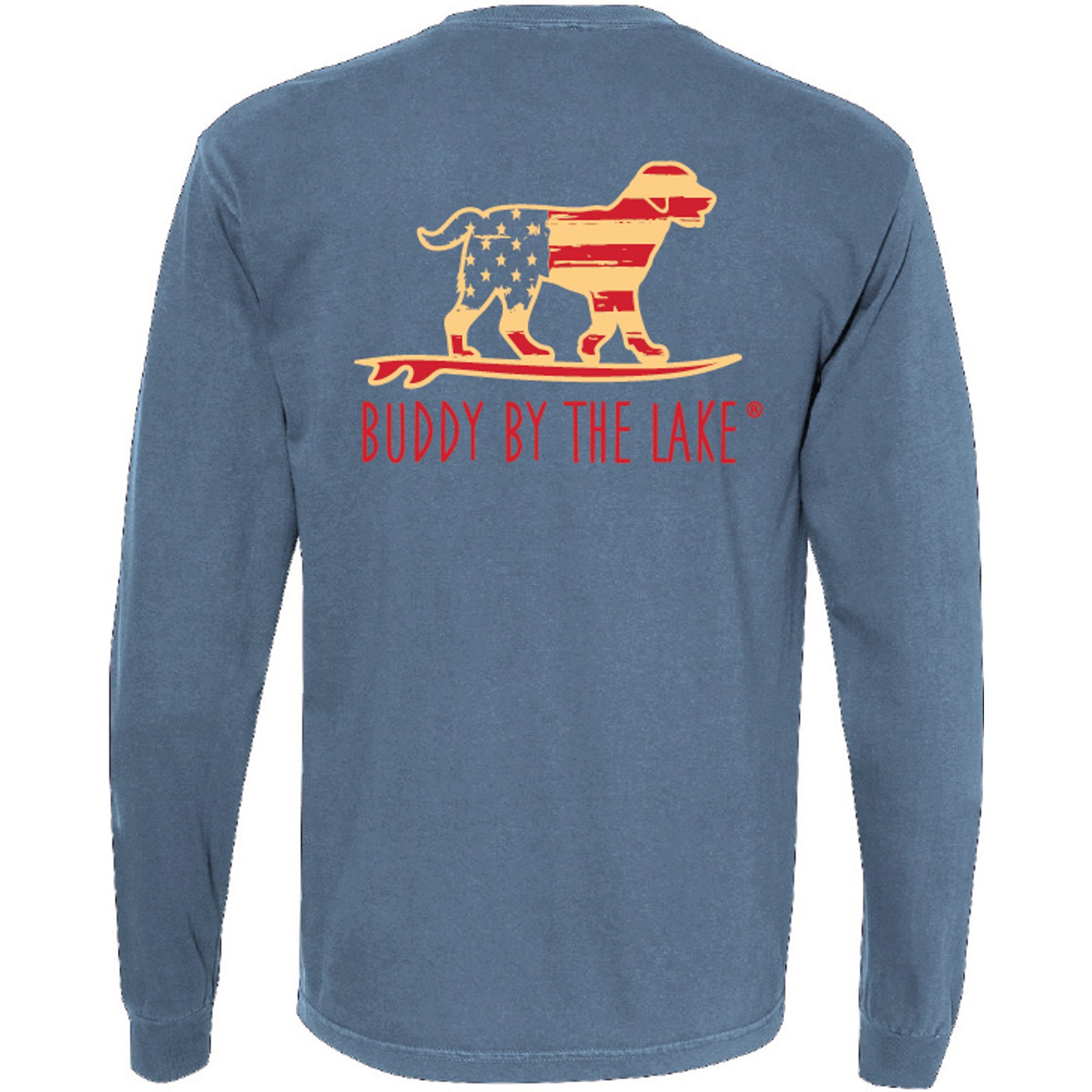 BUDDY BY THE LAKE Vintage Flag Dog Adult Unisex Long Sleeve Tee Shirt, Saltwater, Large