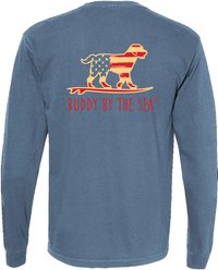 BUDDY BY THE SEA Vintage Flag Dog Adult Unisex Long Sleeve Tee Shirt, Saltwater, Small