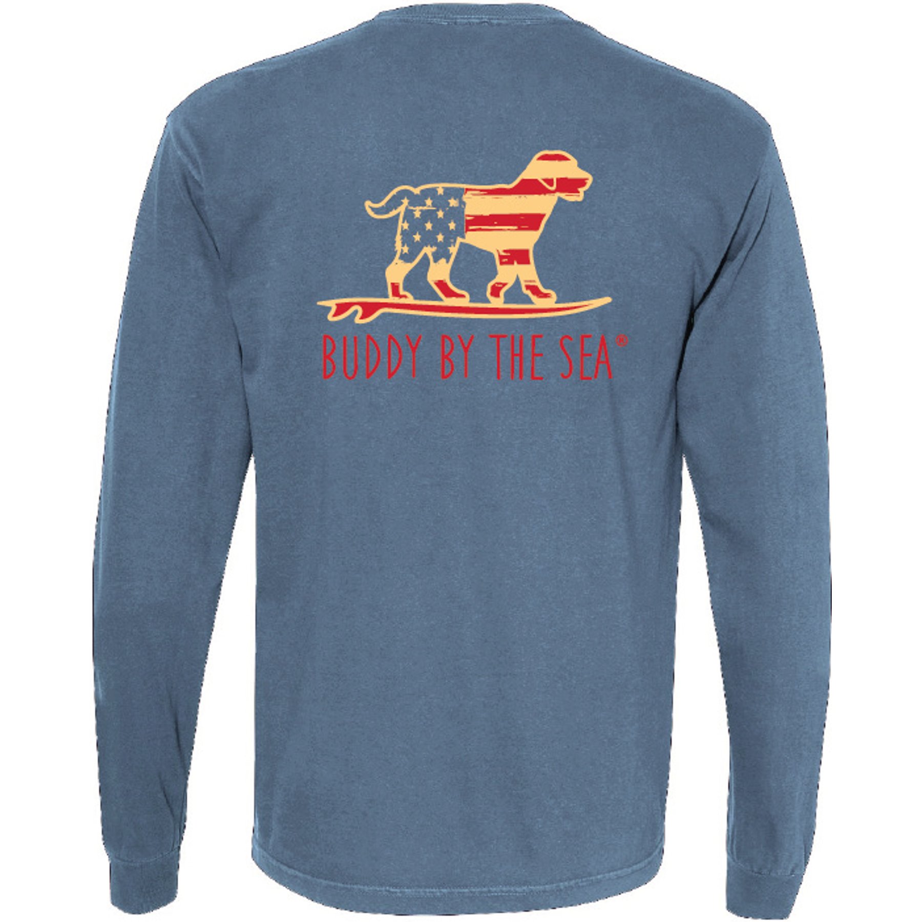 BUDDY BY THE SEA Vintage Flag Dog Adult Unisex Long Sleeve Tee Shirt, Saltwater, XX-Large