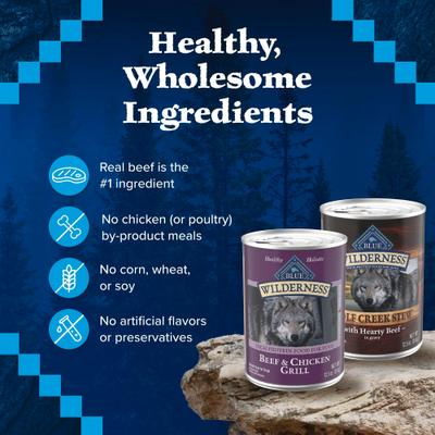 Show full view: Blue Buffalo Wilderness Grain-Free Beef & Chicken Grill & Wolf Creek Stew Hearty Beef in Gravy Variety Pack Dog Wet Food, 12.5-oz can, 6 count slide 7 of 10