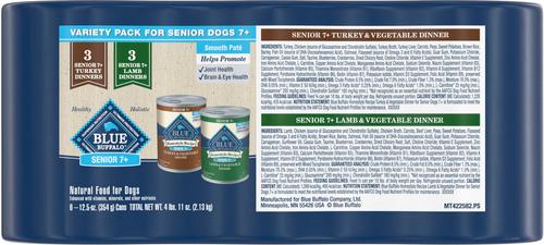 Show full view: Blue Buffalo Homestyle Recipe Senior 7+ Turkey & Lamb Variety Pack Wet Dog Food, 12.5-oz can, 6 count slide 3 of 10
