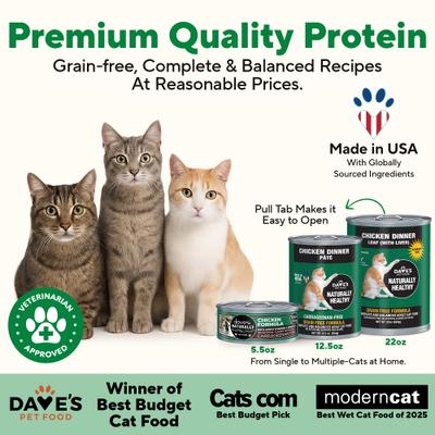 Show full view: Dave's Pet Food Naturally Healthy Chicken Dinner Formula Pate Grain-Free Canned Wet Cat Food, 22-oz can, case of 12 slide 3 of 12