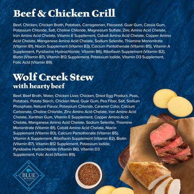 Show full view: Blue Buffalo Wilderness Grain-Free Beef & Chicken Grill & Wolf Creek Stew Hearty Beef in Gravy Variety Pack Dog Wet Food, 12.5-oz can, 6 count slide 6 of 10