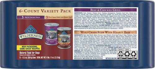 Show full view: Blue Buffalo Wilderness Grain-Free Beef & Chicken Grill & Wolf Creek Stew Hearty Beef in Gravy Variety Pack Dog Wet Food, 12.5-oz can, 6 count slide 3 of 10