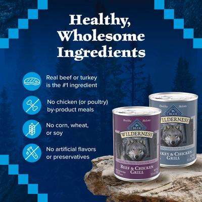 Show full view: Blue Buffalo Wilderness Grain-Free Beef & Chicken Grill, Turkey & Chicken Grill Variety Pack Wet Dog Food, 12.5-oz can, 6 count slide 7 of 10